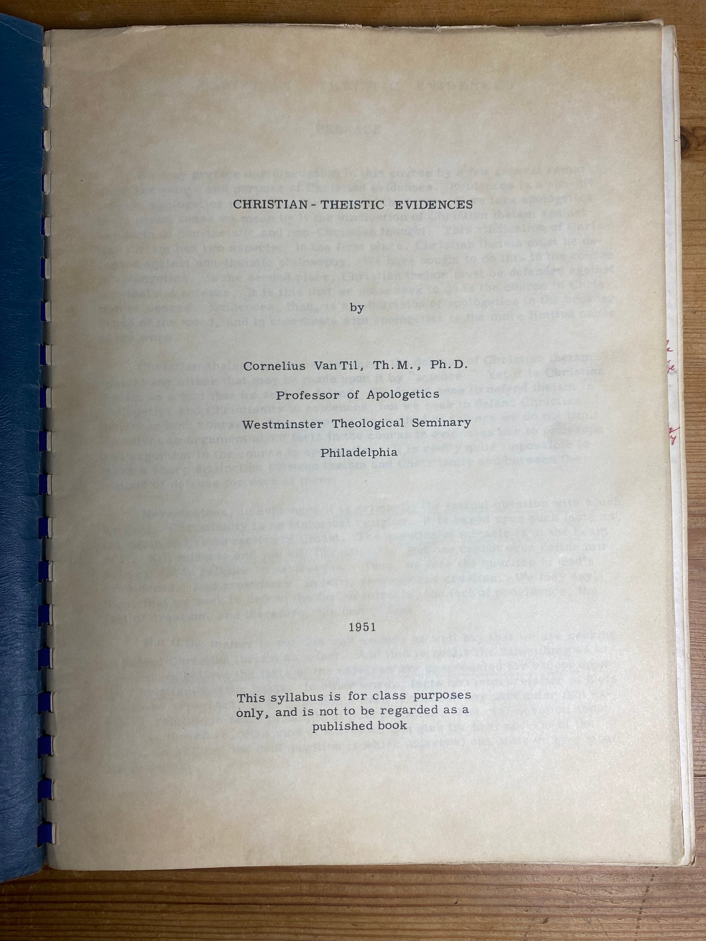 Original Christian-Theistic Evidences Handout Cornelius Van Til 1951